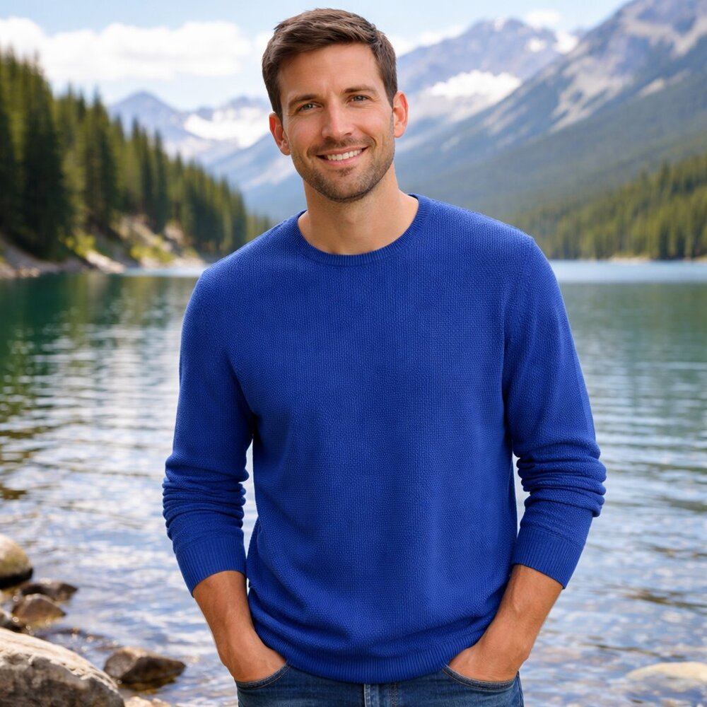 WoolOvers Blue Sweater Organic Cotton And Cashmere Textured Pullover Size XL‎
